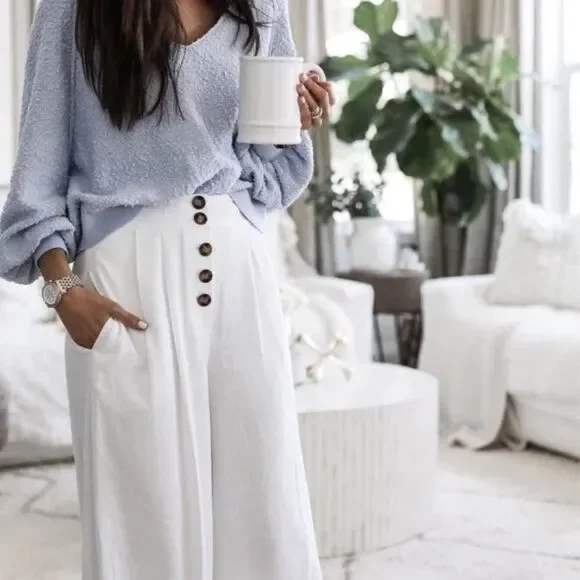 💛TOPSHOP💛 Horn Button Crop Wide Leg Trousers - [size 6 in Ivory] - Picture 2 of 16